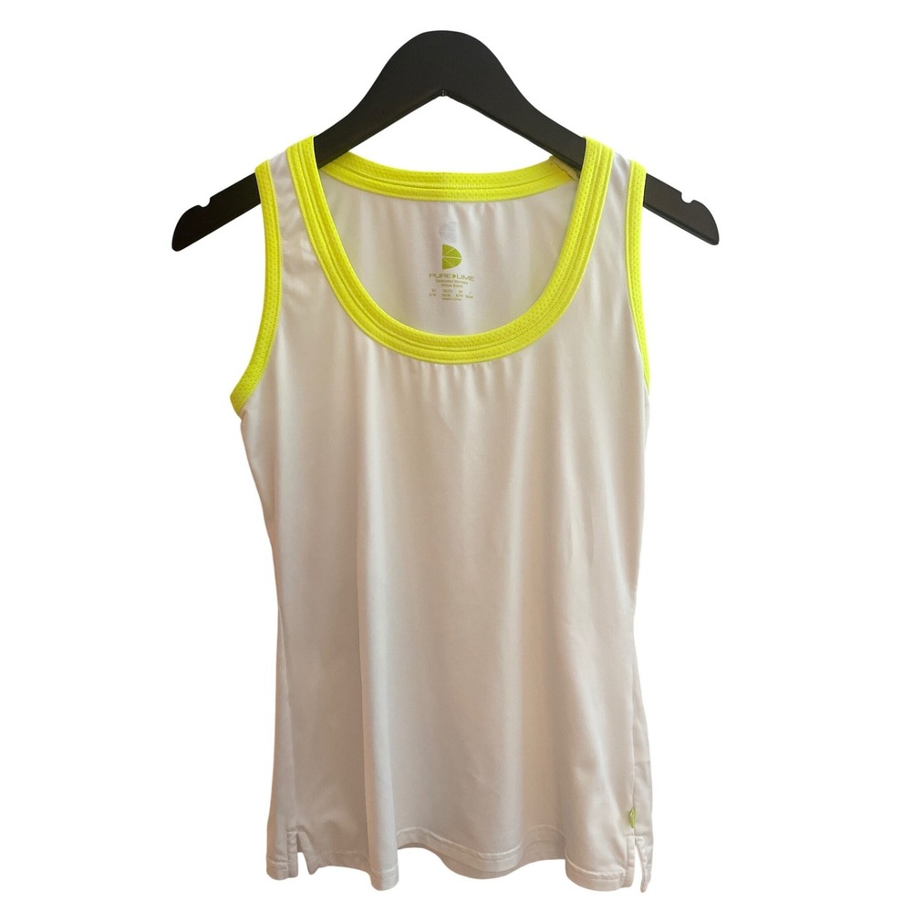 White Tank Top Women's Small Pure Lime Neon Trim Activewear Exercise Gym Sports